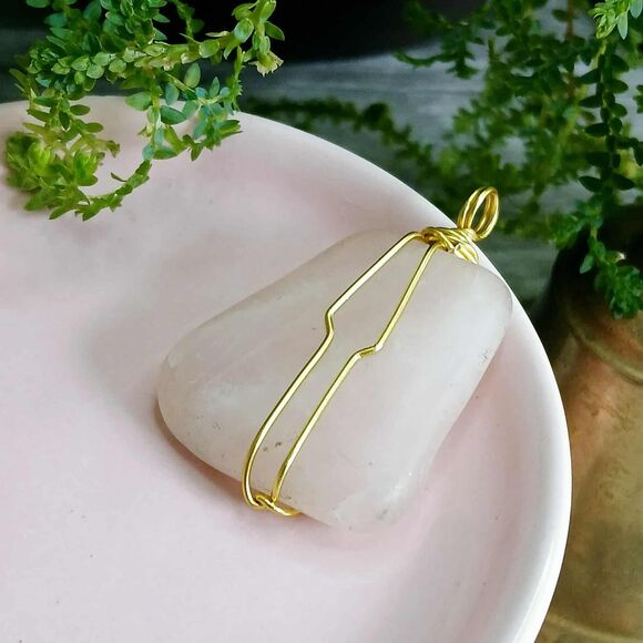 Semi Polished Rose Quartz Crystal Pendant, Wire Wrapped Gemstone Jewelry - Picture 3 of 3